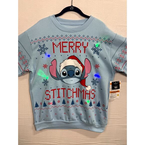 Disney Stitch Merry Stitchmas Christmas Sweatshirt Mens Large Blue Crew Neck - Picture 1 of 11